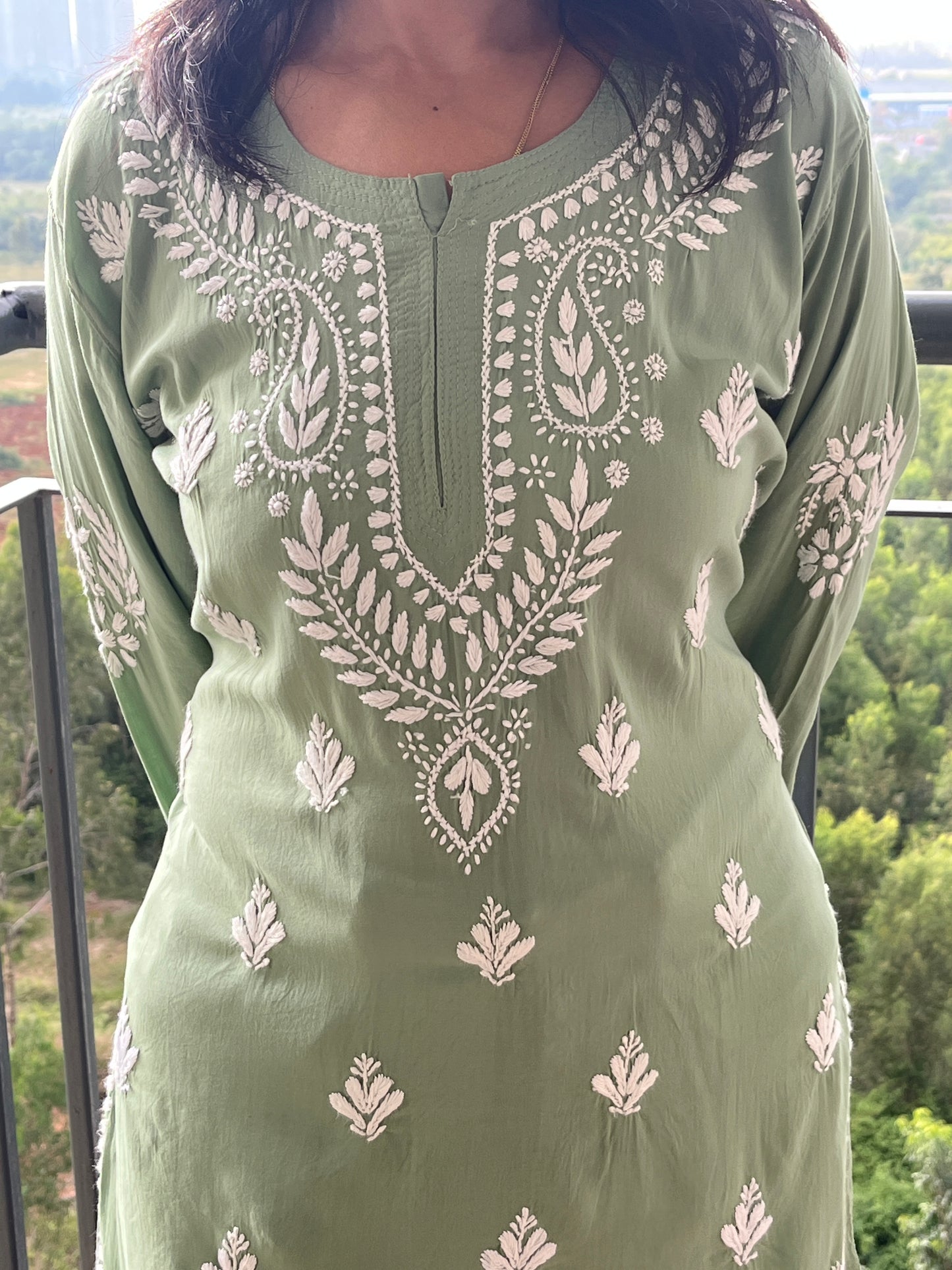 Modal Chikankari Women's Short Kurta - Green