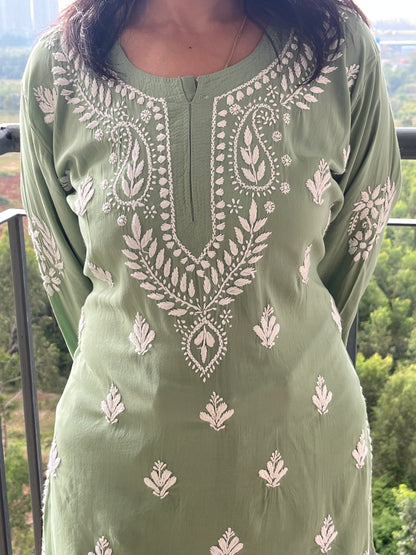 Modal Chikankari Women's Short Kurta - Green