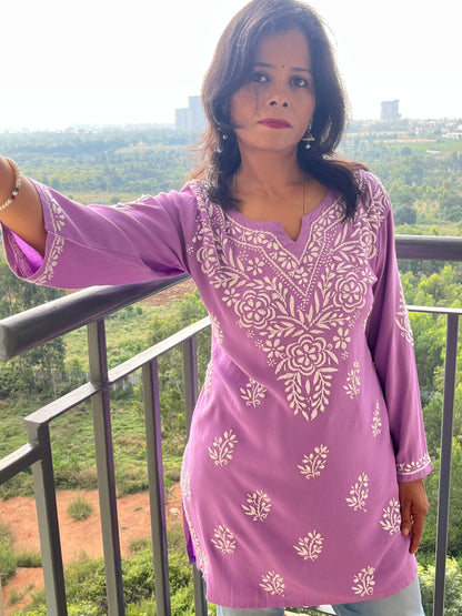 Rayon Chikankari Women's Short Kurta - Lavendor