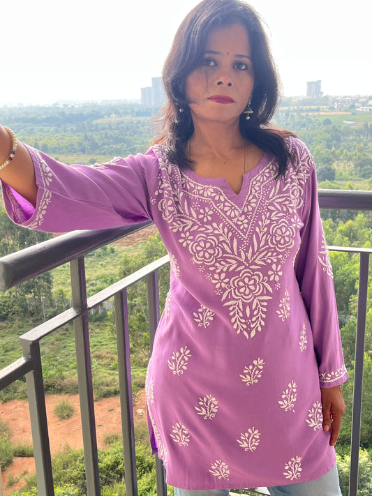 Rayon Chikankari Women's Short Kurta - Lavendor