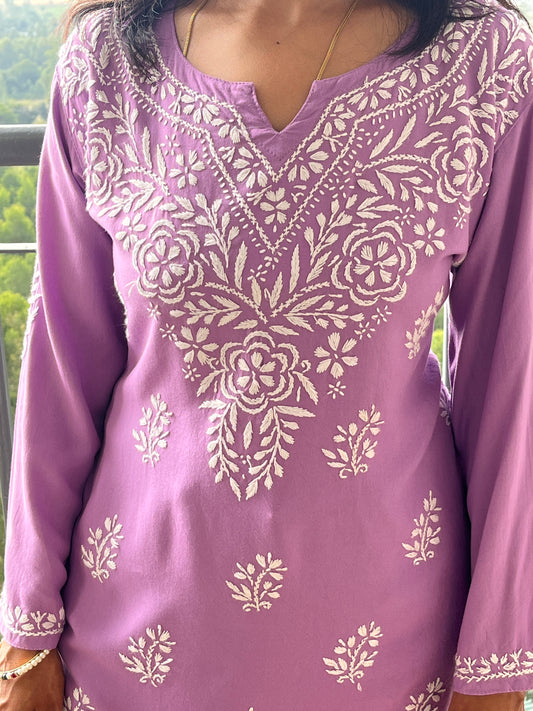 Rayon Chikankari Women's Short Kurta - Lavendor