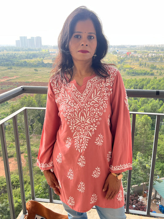 Rayon Chikankari Women's Short Kurta - Peach