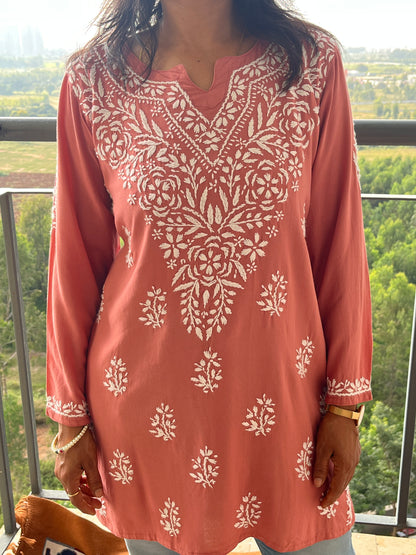 Rayon Chikankari Women's Short Kurta - Peach