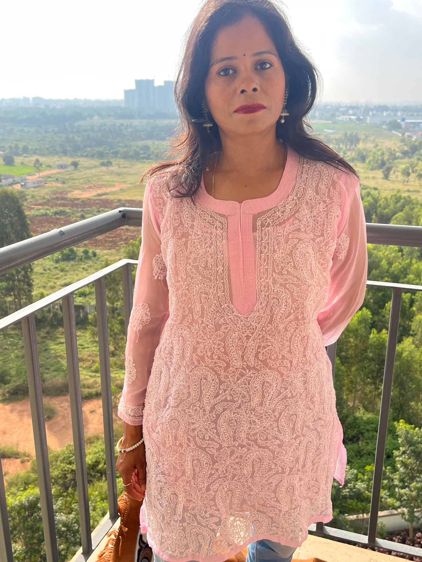 Georgette Chikankari Women's Short Kurta with Inner - Pink