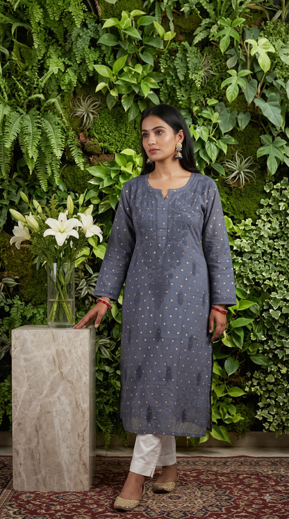 Chanderi Banarasi Dot Chikankari Solid Women's Long Kurta - Gray