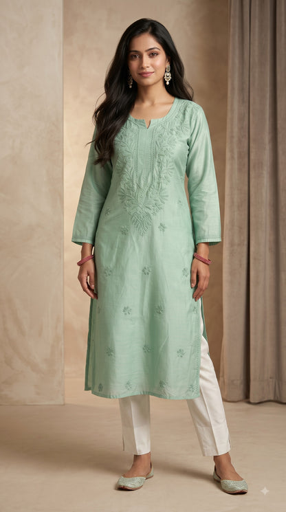Chanderi Chikankari Solid Women's Long Kurta - Green