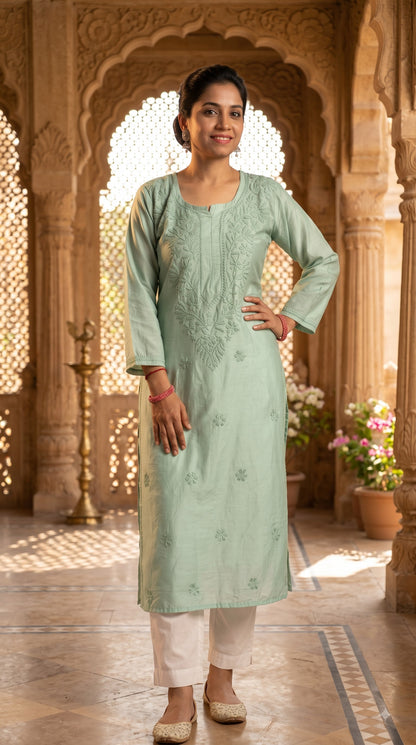 Chanderi Chikankari Solid Women's Long Kurta - Green