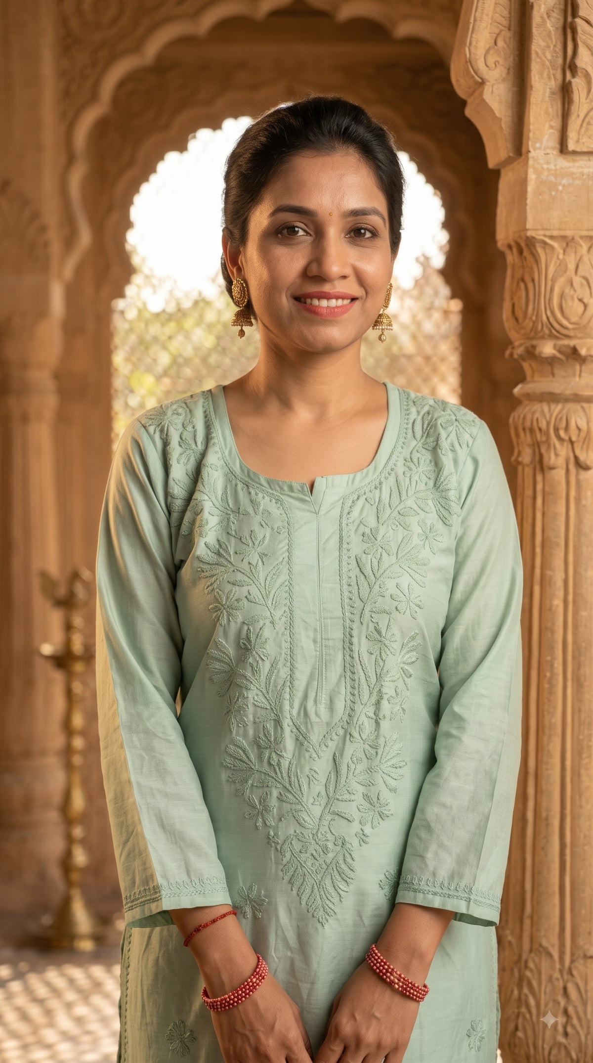 Chanderi Chikankari Solid Women's Long Kurta - Green