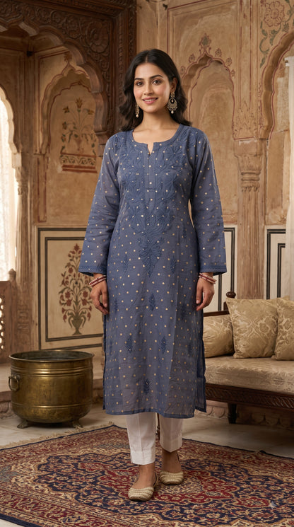 Chanderi Banarasi Dot Chikankari Solid Women's Long Kurta - Gray