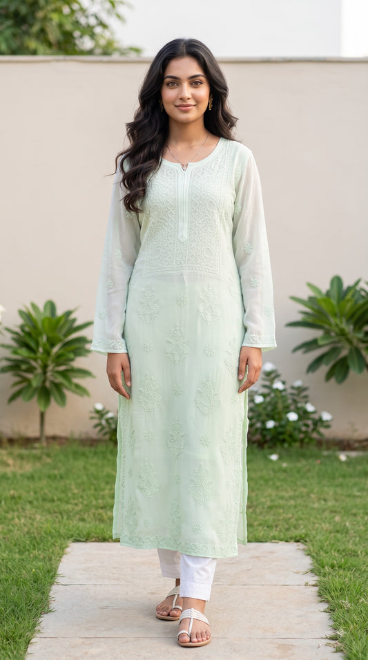 Viscose Heavy Chikankari Long Kurta- Ombre Green