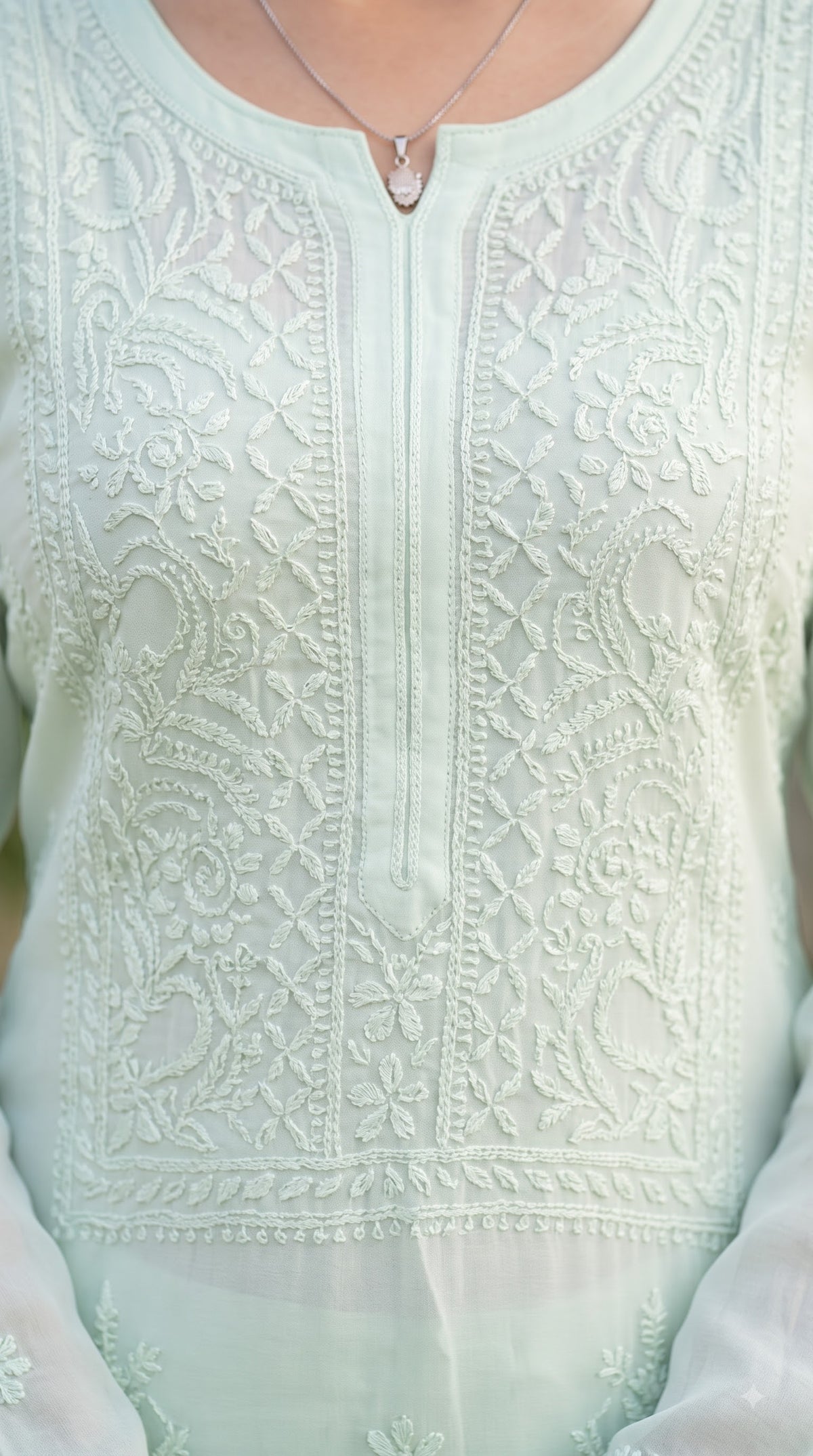 Viscose Heavy Chikankari Long Kurta- Ombre Green