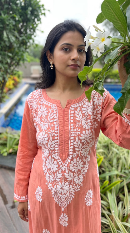 Modal Daman Chikankari Women's Long Kurta - Peach