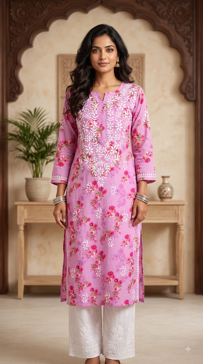 Mul Cotton Chikankari Printed Women's Long Kurta - Pink