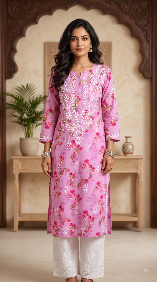 Mul Cotton Chikankari Printed Women's Long Kurta - Pink