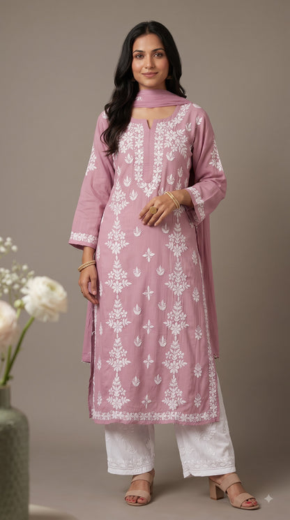 Modal Side Panel Chikankari Women's long Kurta - Mauve