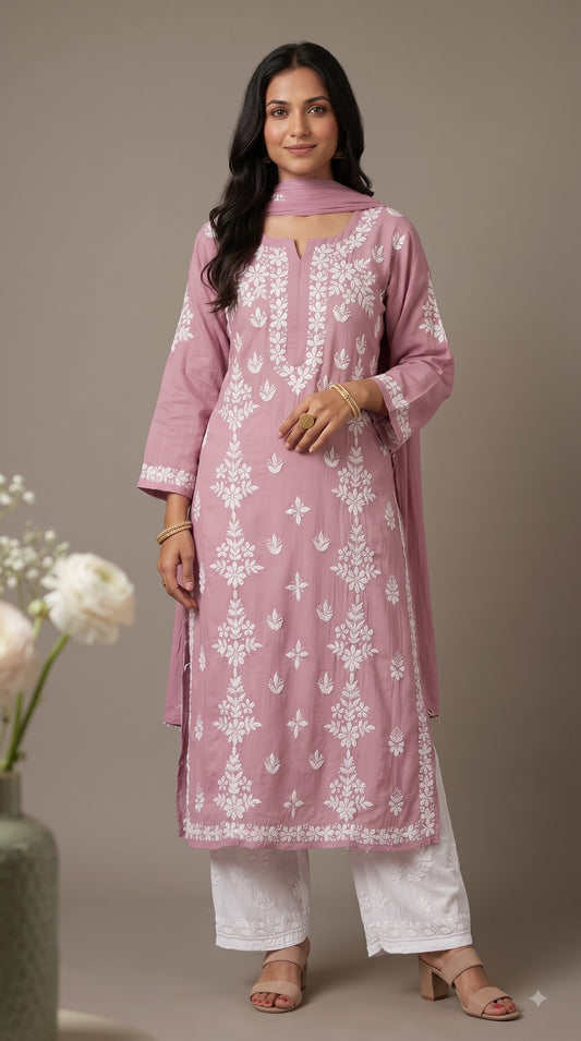Modal Side Panel Chikankari Women's long Kurta - Mauve