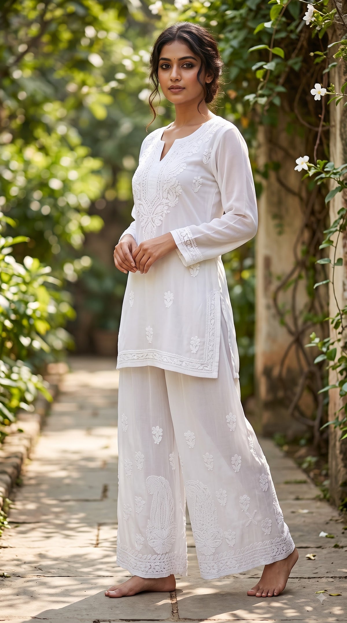 Viscose Chikankari Women's Plazzo - White