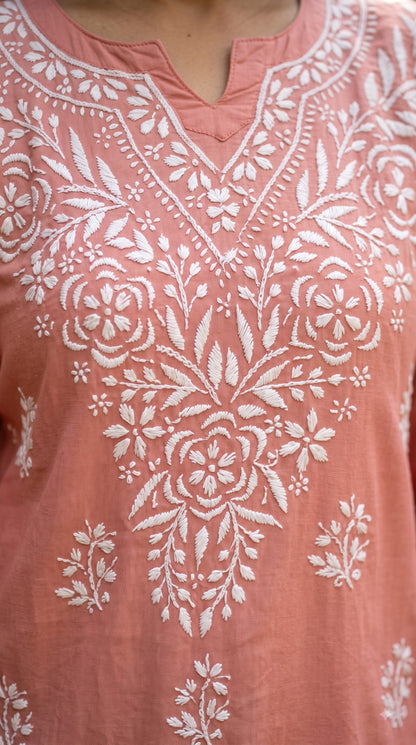 Rayon Chikankari Women's Short Kurta - Peach