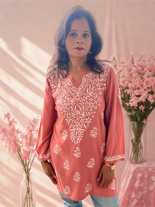 Rayon Chikankari Women's Short Kurta - Peach