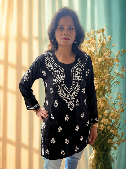 Modal Chikankari Women's Short Kurta - Black