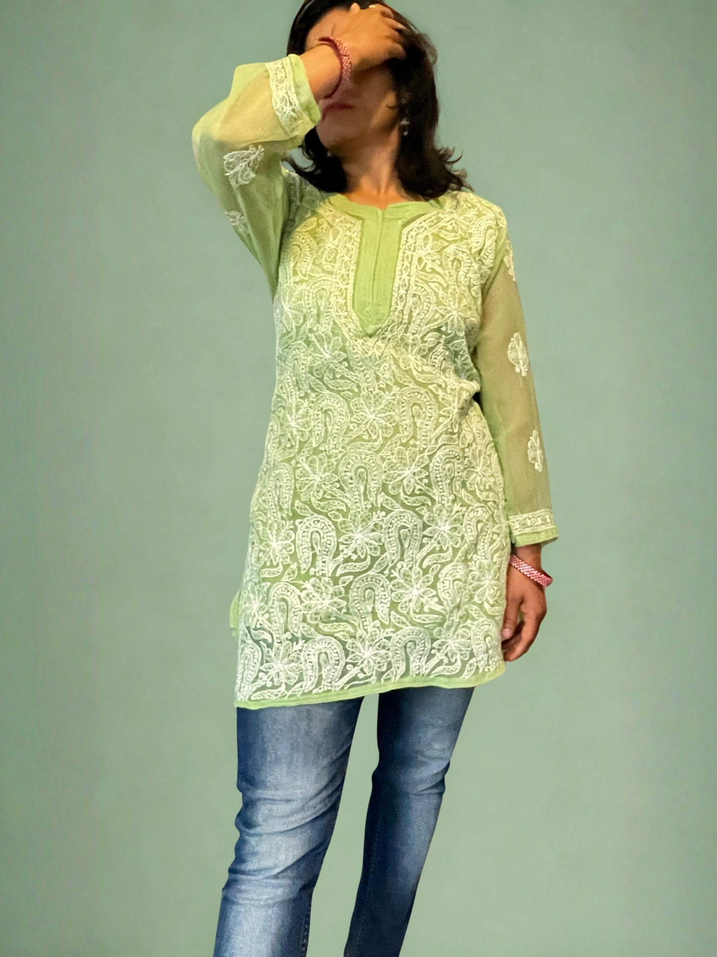 Georgette Chikankari Women's Short Kurta with Inner - Green