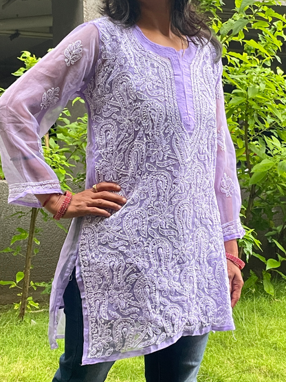 Georgette Chikankari Women's Short Kurta with Inner - Lavender