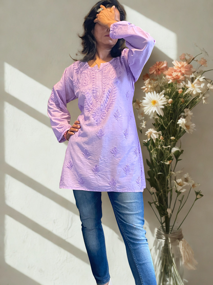 Chanderi Chikankari Solid Women's Short Kurta - Lavender