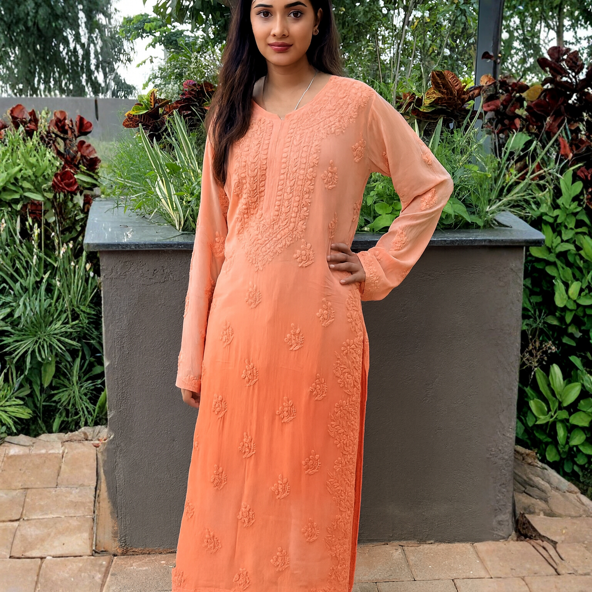 Viscose 3D Heavy Chikankari Long kurta - Ombre Orange