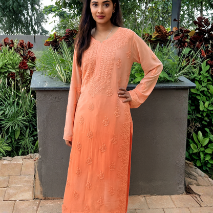 Viscose 3D Heavy Chikankari Long kurta - Ombre Orange