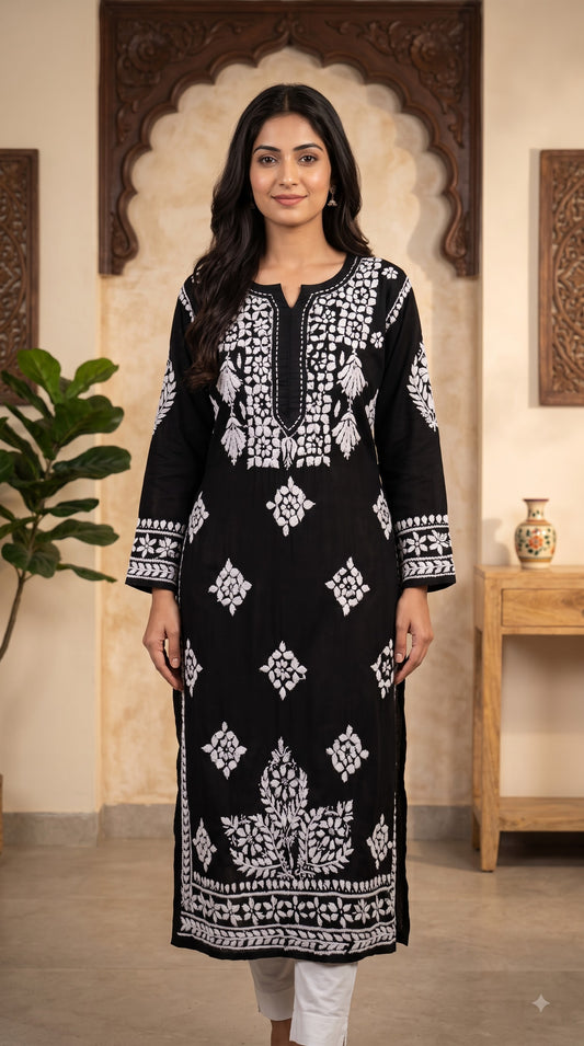 Modal 3D Chikankari Long Kurta - Black