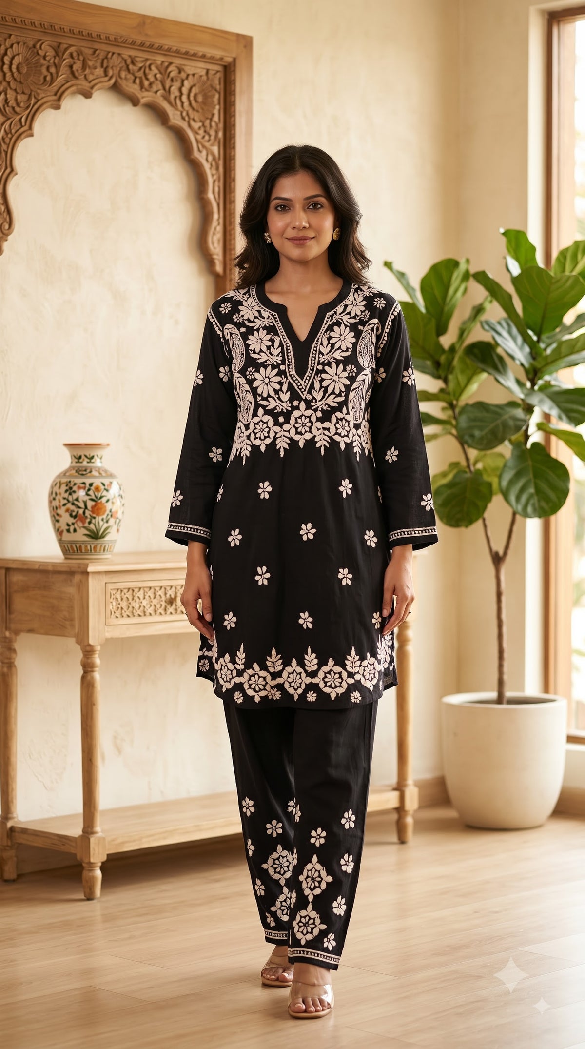 Modal 3D Chikankari Co-ord Set - Black