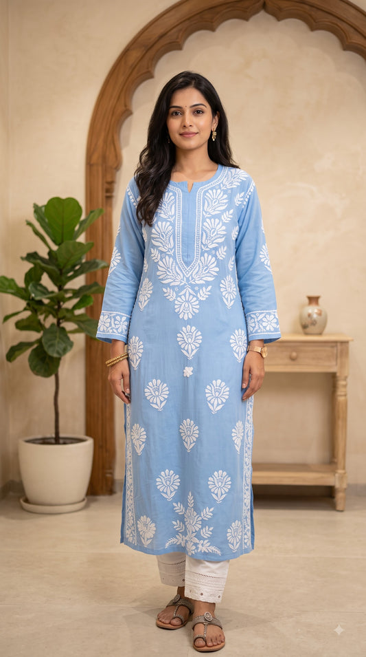 Rayon Chikankari 3D Long Kurta - Blue