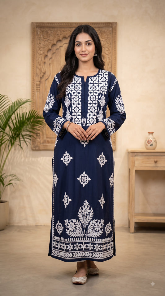 Modal 3D Chikankari Long Kurta - Navi Blue