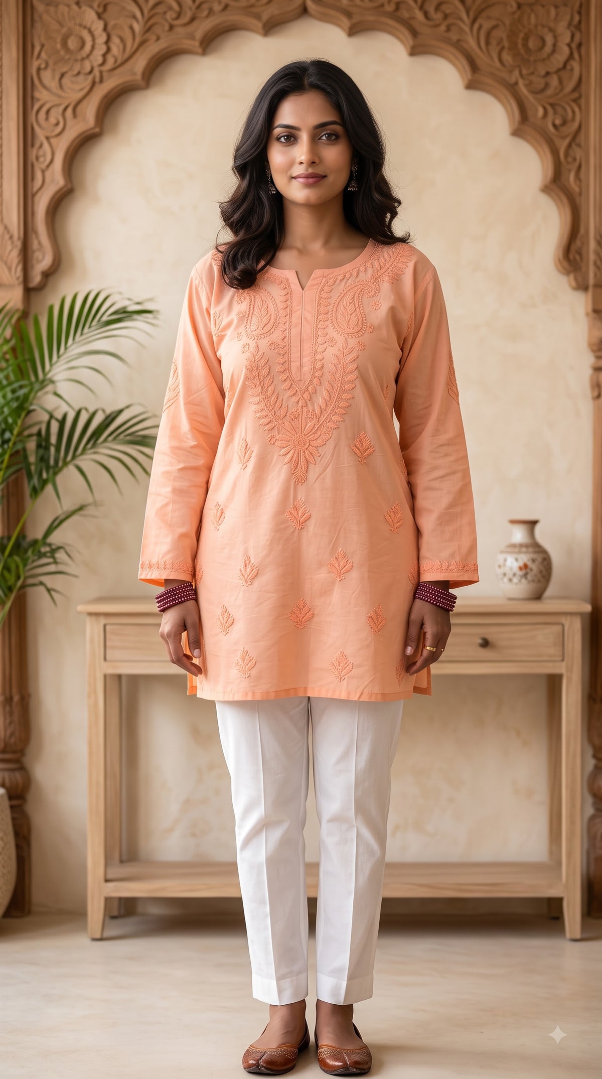 Chanderi Chikankari Solid Women's Short Kurta - Peach