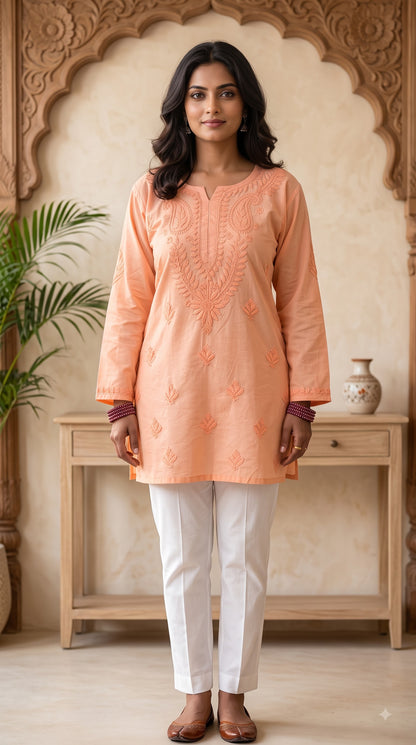 Chanderi Chikankari Solid Women's Short Kurta - Peach