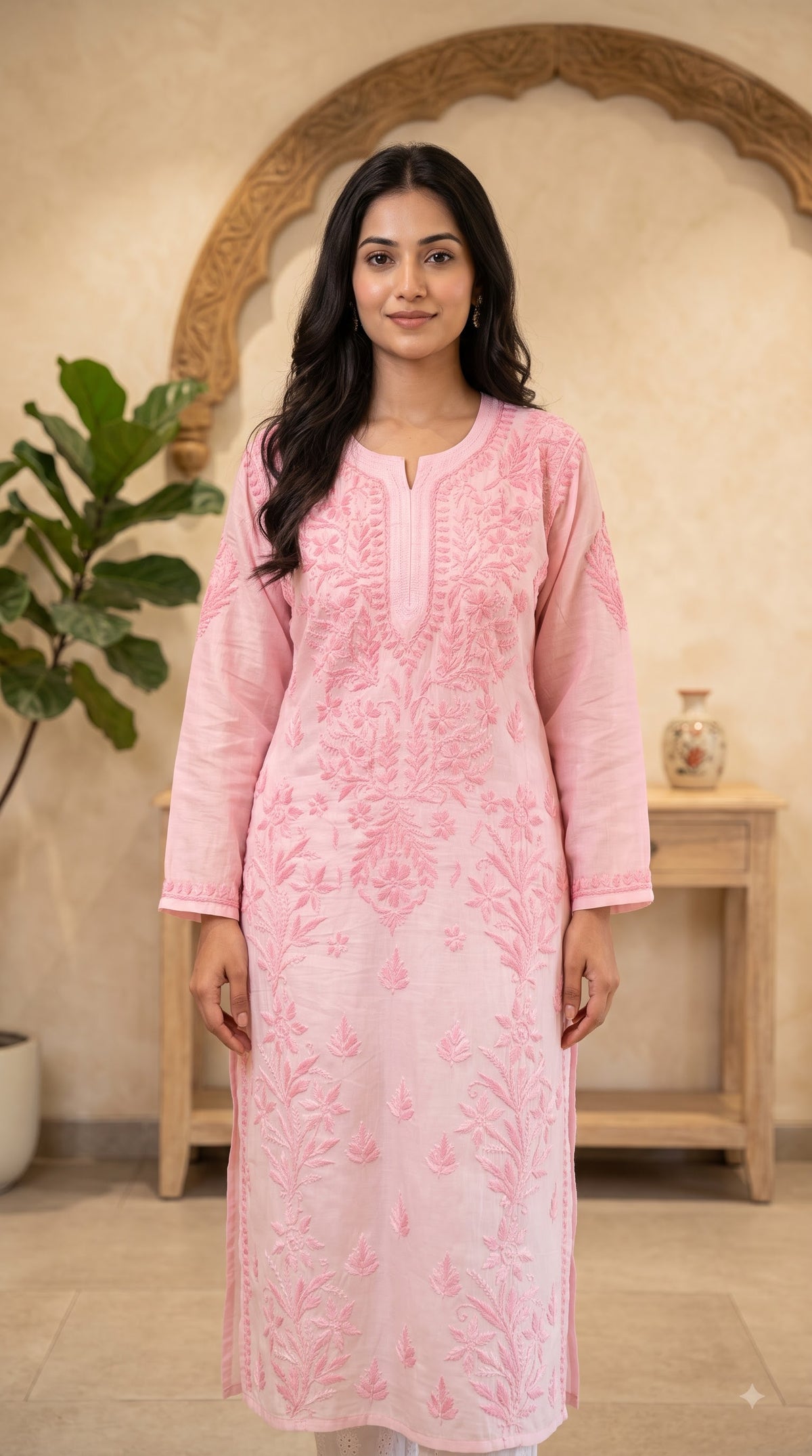 Modal 3D Chikankari Long Kurta - Ombre Pink