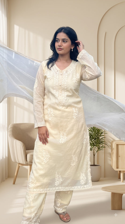 Mul Chanderi 4PC Heavy Chikankari Suit with Mukesh - Beige