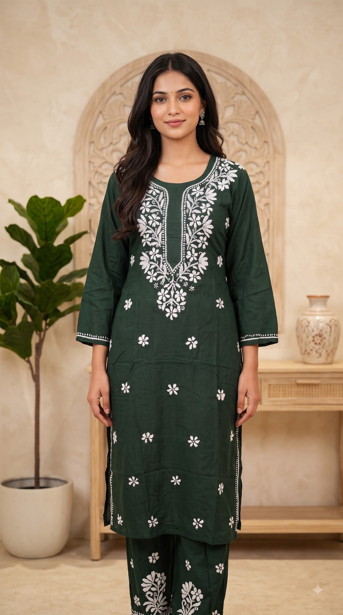 Rayon Chikankari  Long Kurta Set- Green