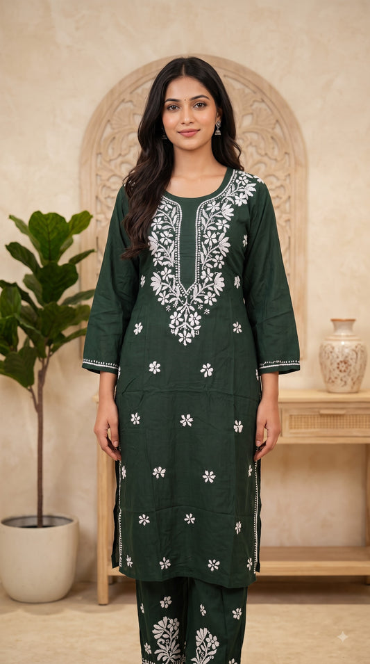 Rayon Chikankari  Long Kurta Set- Green