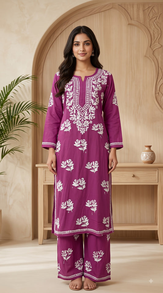 Modal Chikankari Solid Women's 2PC Long Kurta Set- Pink