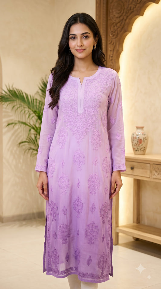 Viscose Bakhiya Heavy Chikankari Long Kurta - Ombre Lavender