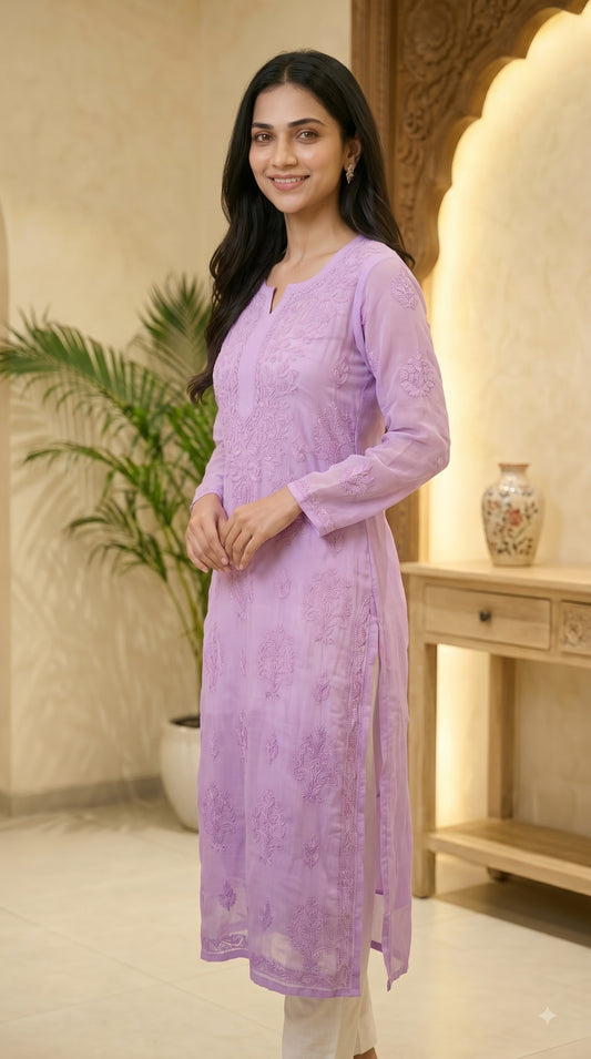 Viscose Bakhiya Heavy Chikankari Long Kurta - Ombre Lavender