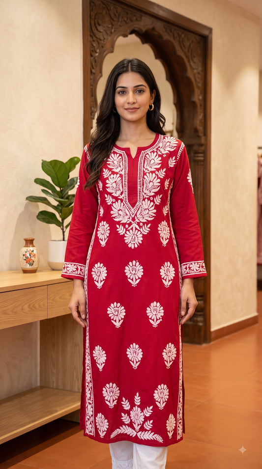 Rayon Chikankari 3D Long Kurta - Red