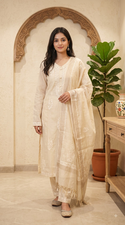 Mul Chanderi 4PC Heavy Chikankari Suit with Mukesh - Beige