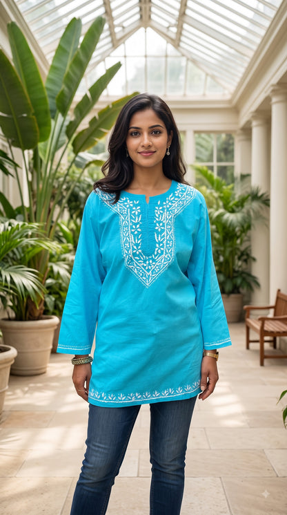Cotton Chikankari Women's Short Kurta - Blue