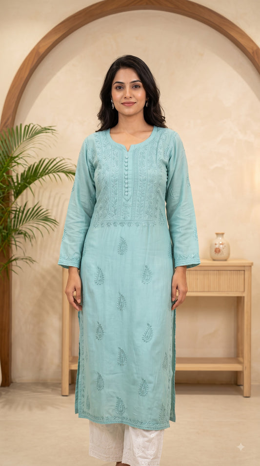 Muslin Chikankari Solid Women's Long Kurta - Green