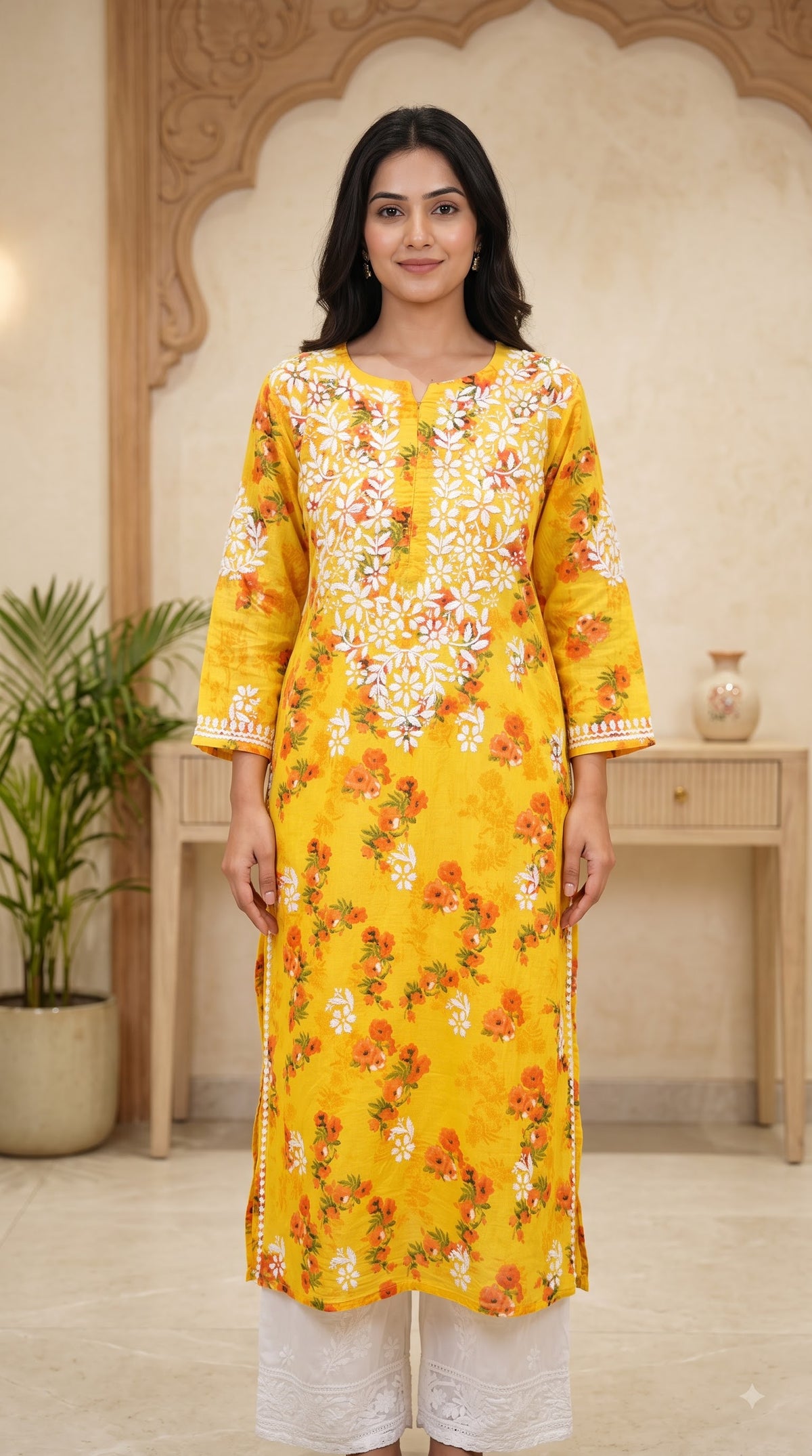 Mul Cotton Chikankari Printed Women's Long Kurta - Yellow