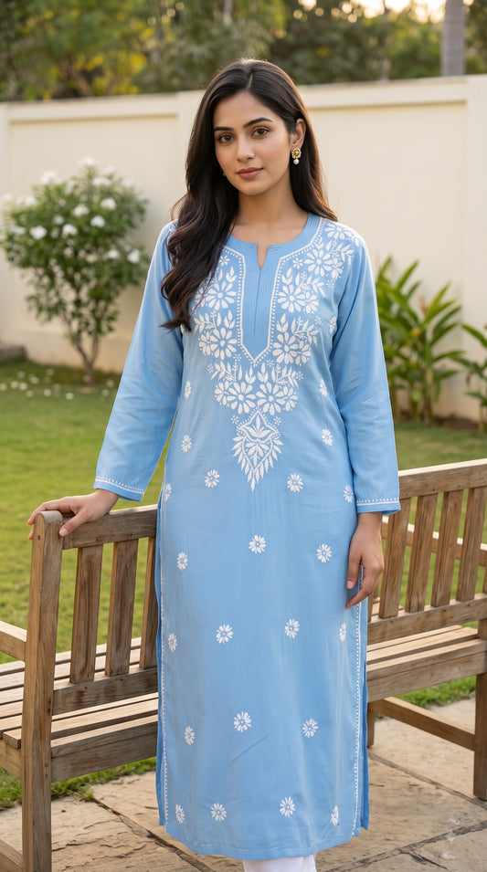 Modal Chikankari Women's Long Kurta - Blue