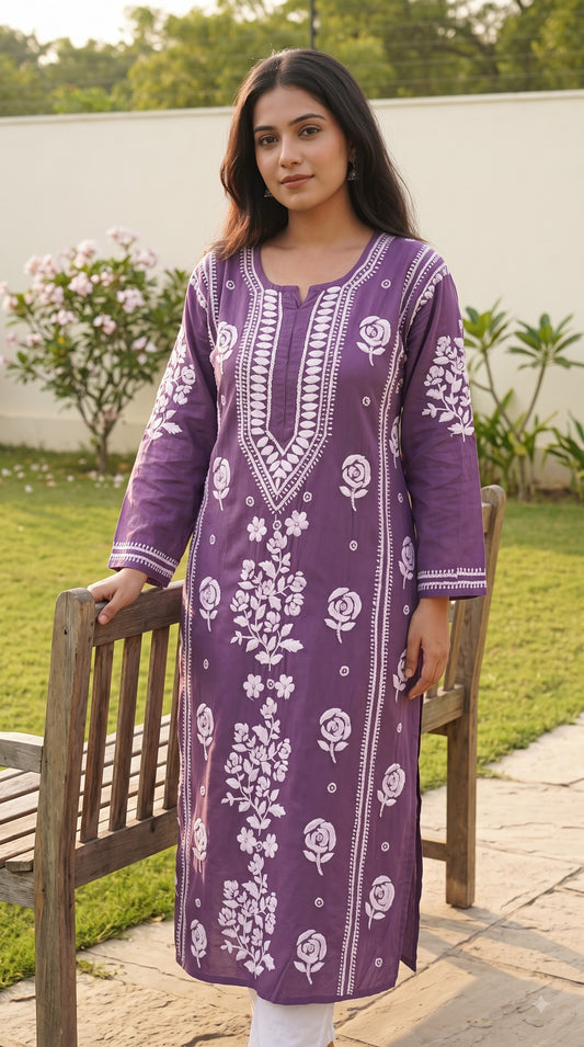 Rayon 3D Rose Chikankari Long Kurta - Purple