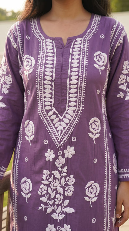 Rayon 3D Rose Chikankari Long Kurta - Purple